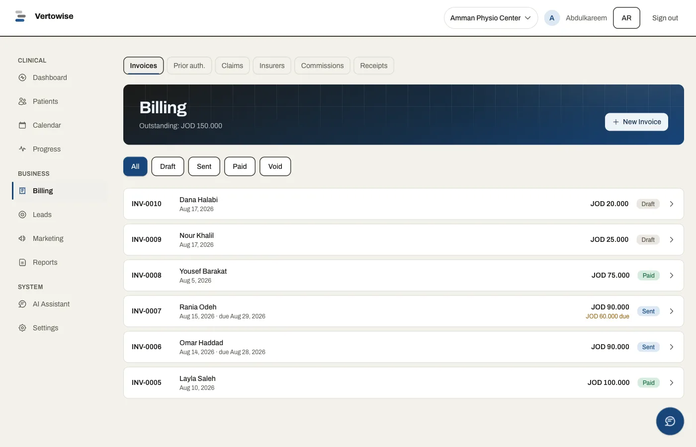 The Vertowise billing screen with draft, sent and paid invoices