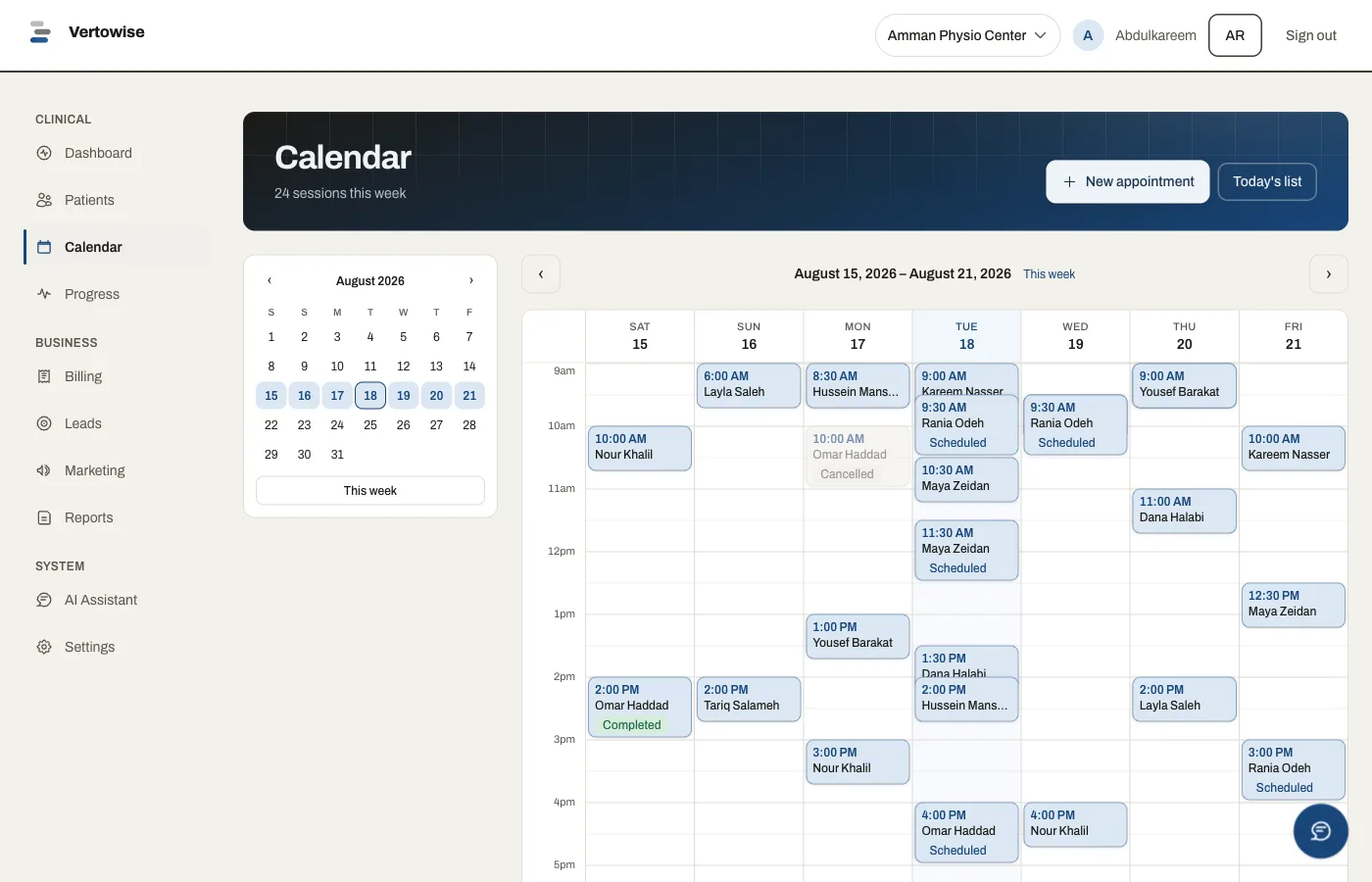 The Vertowise calendar: a week of appointments in one view