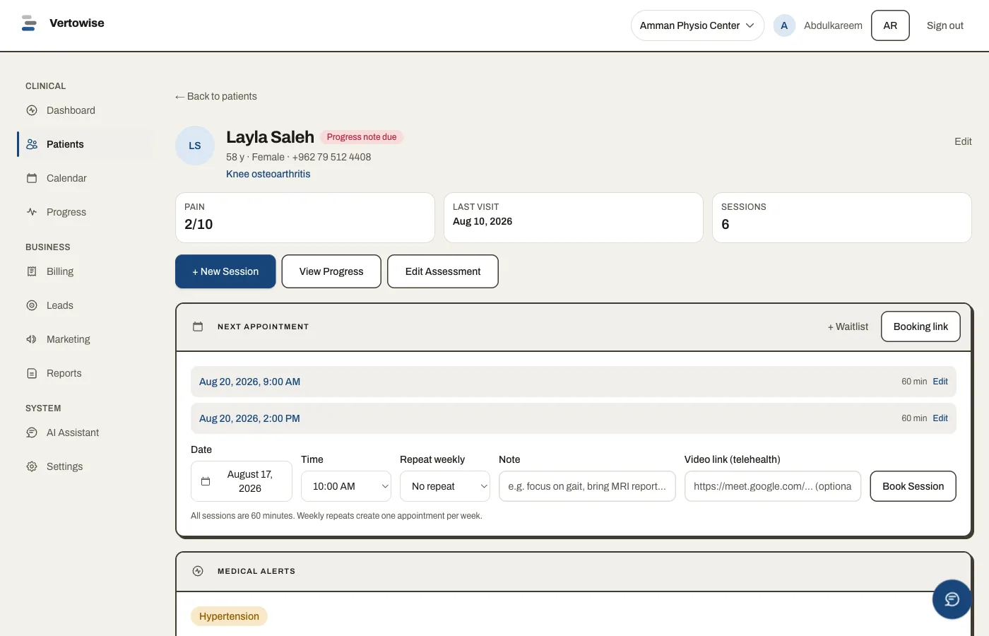A patient record in Vertowise with pain score, visits and medical alerts
